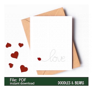 Cute Ladybug Love Valentine&#39;s Day Card PDF Digital File, Anniversary Card, to Print in Two Sizes: 4.25&quot; x 5.5&quot; (A2) and 5&quot; x 7&quot; (A7)