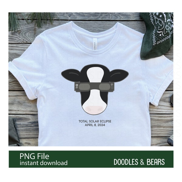 Total Solar Eclipse 2024 Cow with Eclipse Glasses, PNG Digital File for Sublimation,  April 2024 Solar Eclipse, Cute Cow and Eclipse Glasses