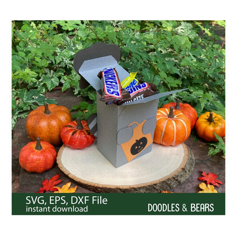 Halloween Raccoon Favor Treat Box - This Favor Treat Box has a cute gray raccoon with gray and white mask holding an orange bag with jack-o-lantern for trick-or-treating. Digital download SVG cut file for use with Cricut or Silhouette machines.