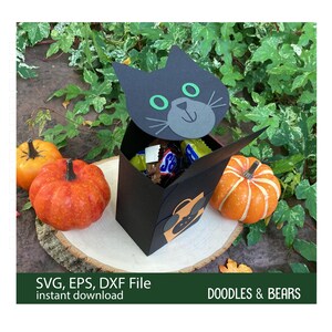 Halloween Black Cat Favor Treat Box - Cute black cat with green eyes holding an orange bag with jack-o-lantern for trick-or-treating is also a box for holding treats or favors. Digital download SVG file for use with Cricut or Silhouette machines.