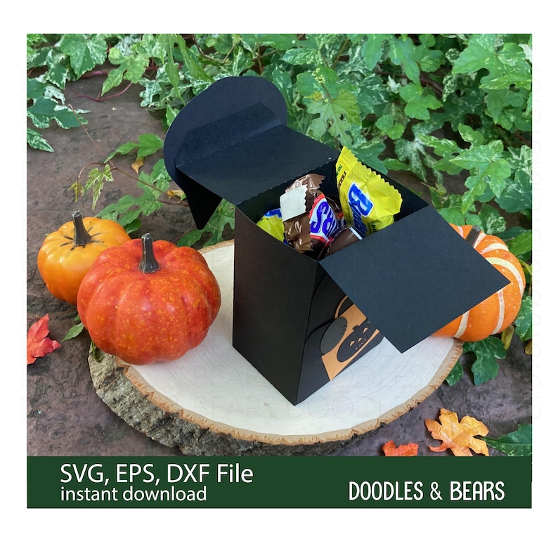 Halloween Black Cat Favor Treat Box - Cute black cat with green eyes holding an orange bag with jack-o-lantern for trick-or-treating is also a box for holding treats or favors. Digital download SVG file for use with Cricut or Silhouette machines.