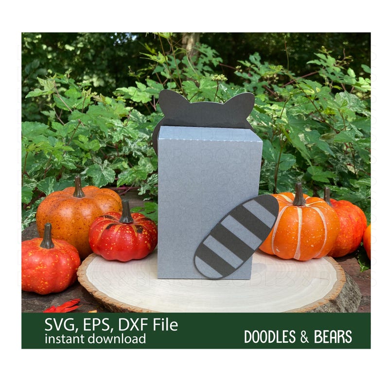 Halloween Raccoon Favor Treat Box - This Favor Treat Box has a cute gray raccoon with gray and white mask and striped tail. Digital download SVG cut file for use with Cricut or Silhouette machines.