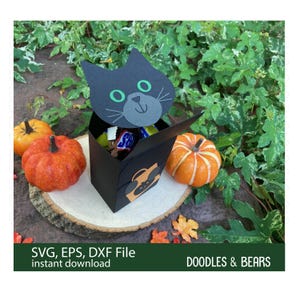 Halloween Black Cat Favor Treat Box - Cute black cat with green eyes holding an orange bag with jack-o-lantern for trick-or-treating is also a box for holding treats or favors. Digital download SVG file for use with Cricut or Silhouette machines.