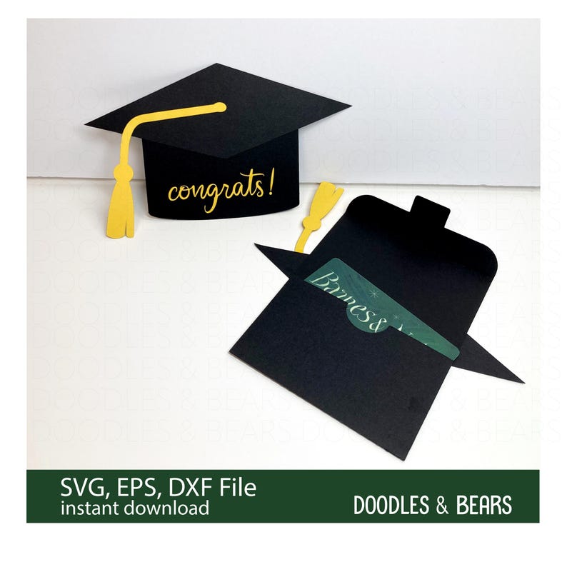 Graduation Gift Card Holder SVG - A graduation cap with tassel and congrats make the front of this gift card holder. This design is an envelope that holds a gift card securely when closed. For use with a Cricut or Silhouette cutting machine.  Digital download SVG, EPS.