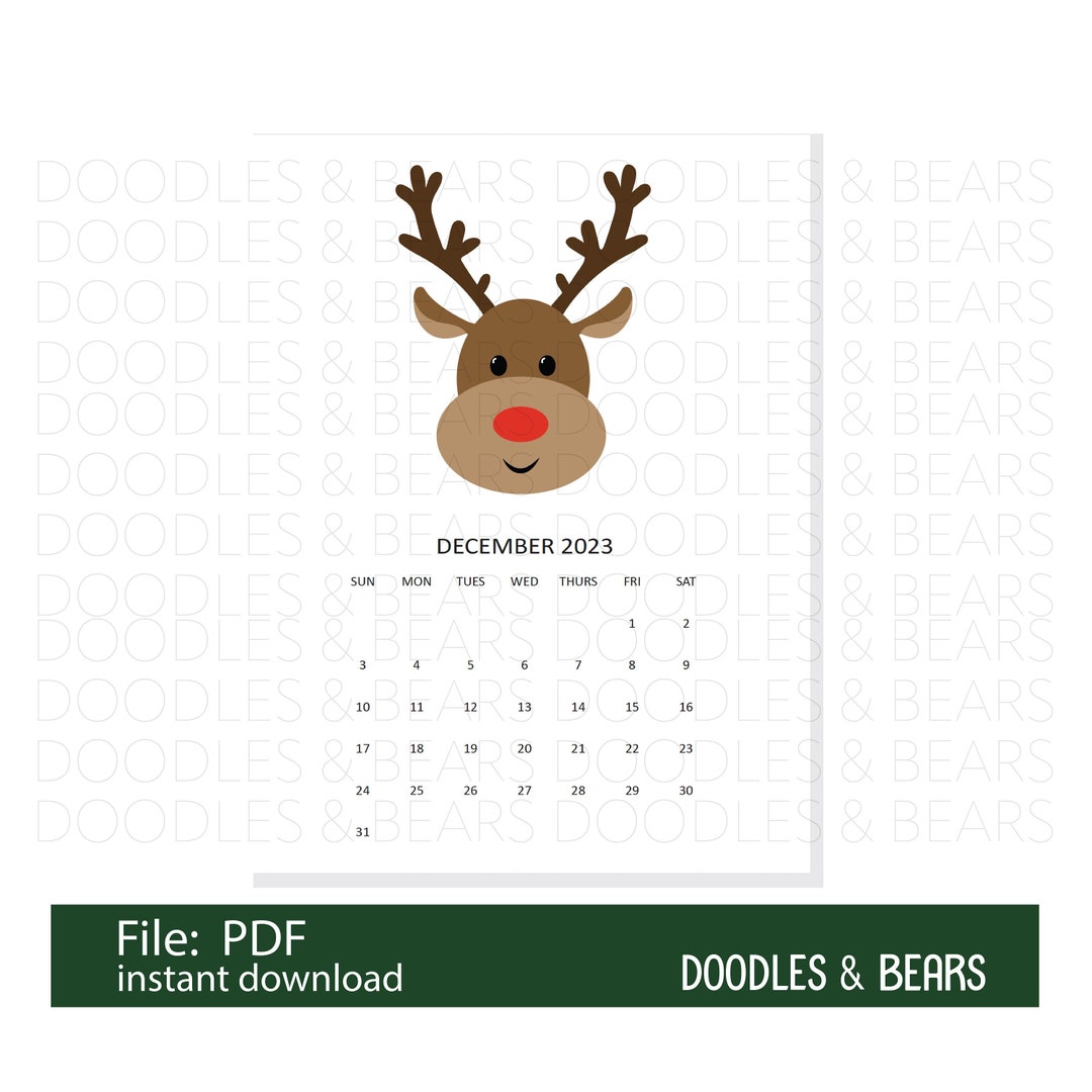 Cute Reindeer December Calendar, Printable Digital File, Fun Reindeer