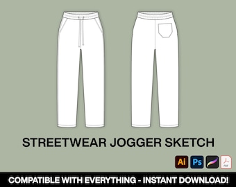 Streetwear Baggy Jogger Pants Fashion Sketch Vector + Free Tech Pack Template Instant Download Photoshop Illustrator ProCreate