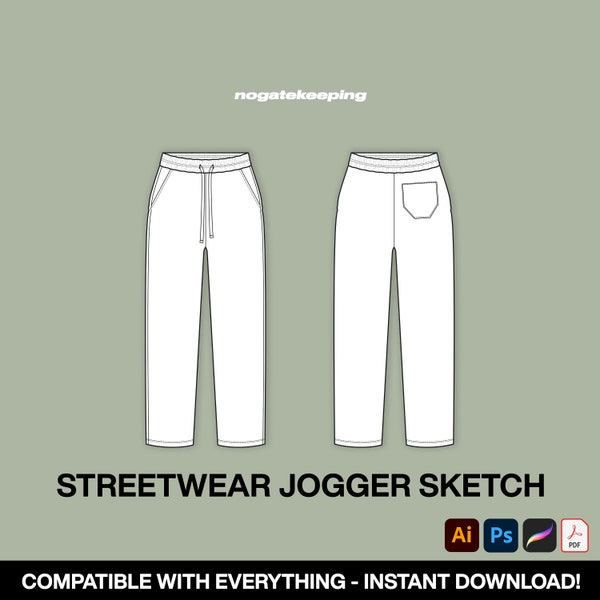 Streetwear Baggy Jogger Pants Fashion Sketch Vector + Free Tech Pack Template Instant Download Photoshop Illustrator ProCreate