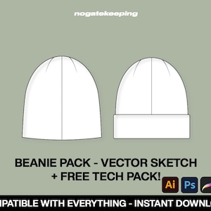 May include: A digital illustration of two white beanie hats, one with a fold-over brim. The image includes the text "BEANIE PACK - VECTOR SKETCH + FREE TECH PACK!" and icons for Adobe Illustrator, Photoshop, Procreate, and PDF.