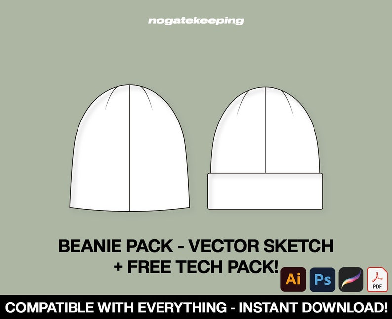 May include: A digital illustration of two white beanie hats, one with a fold-over brim. The image includes the text "BEANIE PACK - VECTOR SKETCH + FREE TECH PACK!" and icons for Adobe Illustrator, Photoshop, Procreate, and PDF.