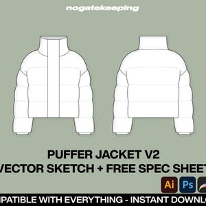 Streetwear Oversized Puffer Jacket V2 Fashion Sketch Vector Drawing Mock Up Template + Free Spec Sheet ProCreate Canva Illustrator