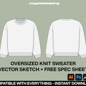 Fashion Streetwear Knitwear Oversized Knit Sweatshirt Fashion Sketch Mockup Template Vector + Free Spec Sheet Template Vector Sketch Mock Up