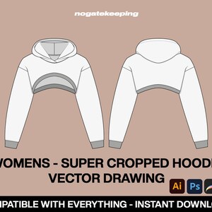 Mode Kleidung Streetwear Damen abgeschnitten Hoodie Jacke Skizze Vektor Zeichnung Mock Up Vorlage Sofortiger Download Illustrator ProCreate
