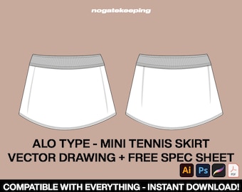Fashion Streetwear ALO Type Yoga Tennis Skirt Shapewear Loungewear Sketch Vector Drawing Mock Up Template Instant Download + Spec Sheet