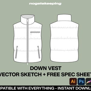 Fashion Streetwear Outerwear Down Puffer Vest Jacket Fashion Sketch Vector Mock Up + Free Spec Sheet Template Illustrator ProCreate Canva