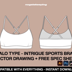 Puede incluir: Un sujetador deportivo blanco con un diseño de tirantes cruzados en la espalda. El sujetador se muestra desde el frente y la espalda. El texto "ALO TYPE - INTRIGUE SPORTS BRA VECTOR DRAWING + FREE SPEC SHEET" está debajo de la imagen. El texto "COMPATIBLE WITH EVERYTHING - INSTANT DOWNLOAD!" está en la parte inferior de la imagen. Los logotipos de Adobe Illustrator, Photoshop, Procreate y PDF se muestran en la esquina inferior derecha.