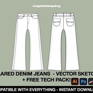 Streetwear Flared Denim Jeans Fashion Sketch Mockup Template Vector Tech Pack Photoshop Illustrator ProCreate Instant Download