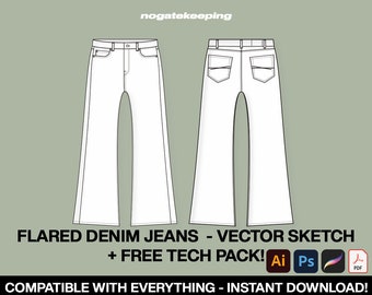 Streetwear Flared Denim Jeans Fashion Sketch Mockup Template Vector Tech Pack Photoshop Illustrator ProCreate Instant Download