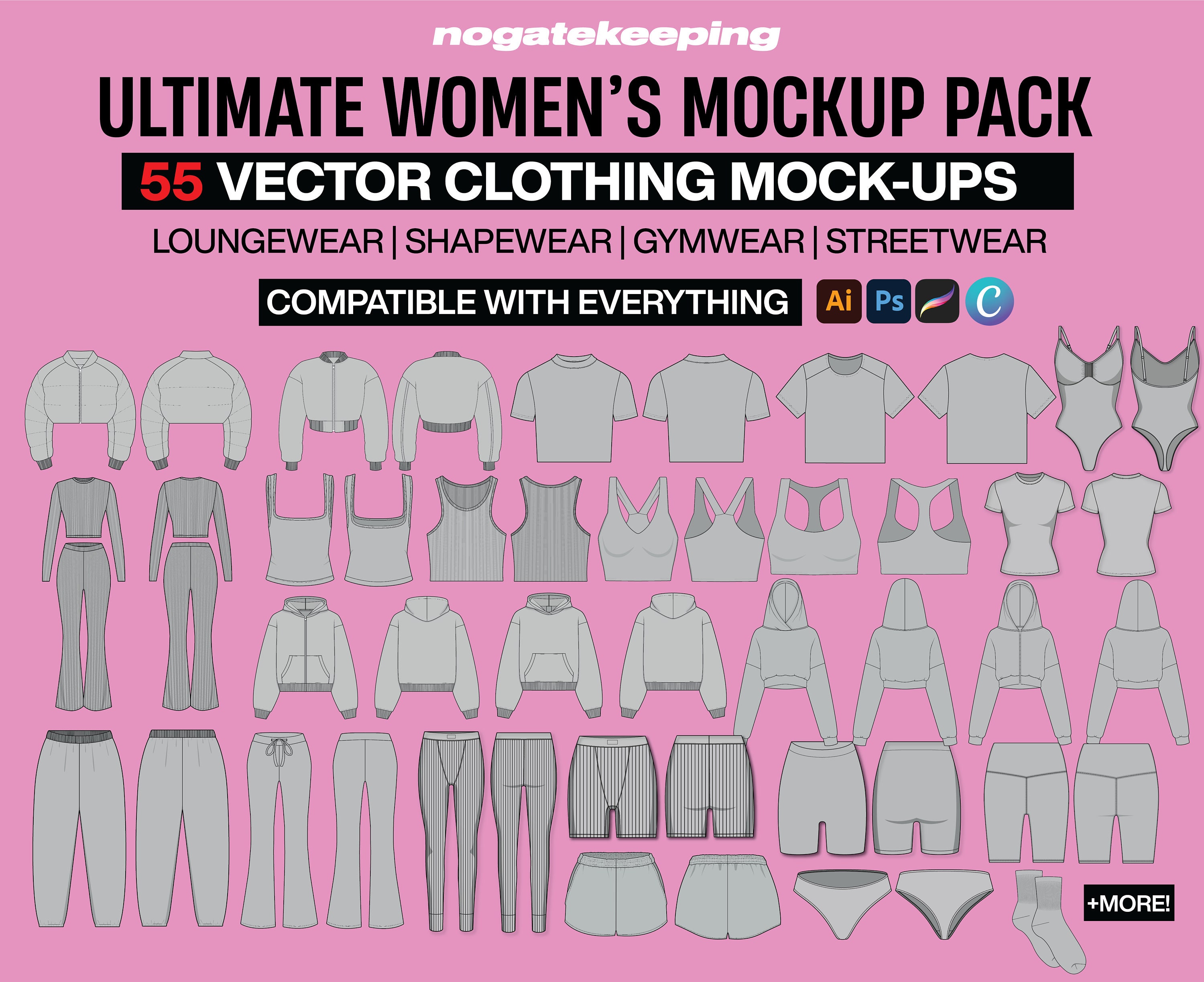 Ultimate Women's Fashion Design Mockup Pack - 55 Editable Templates for Streetwear Loungewear Shapewear & Yogawear + Free Spec Sheets