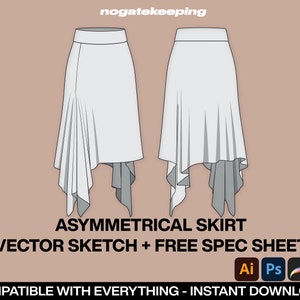 Women&#39;s Fashion Streetwear Loungewear Swimwear Beachwear Asymmetrical Skirt Sketch Vector Drawing Mock Up Template + Free Spec Sheet