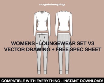 Fashion Clothing Streetwear Loungewear Set V2 Shapewear Loungewear Underwear Sketch Vector Drawing Mock Up Template Instant Download