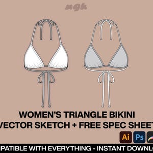 May include: Line drawing of a triangle bikini top in white and gray. The bikini top is shown in two views, one with the straps tied at the neck and the other with the straps tied at the back. The image includes the text "WOMEN'S TRIANGLE BIKINI VECTOR SKETCH + FREE SPEC SHEET".