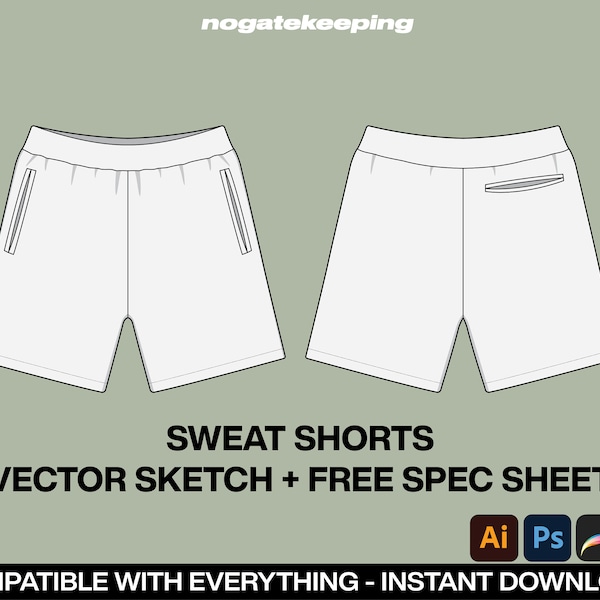 Fashion Streetwear Sweat Shorts Bottoms Pants Fashion Sketch Mockup Template Vector + Free Spec Sheet Template Vector Sketch Mock Up