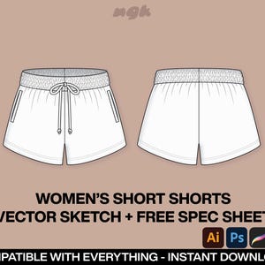 May include: A white vector sketch of women's short shorts with a drawstring waist and side pockets. The shorts are shown from the front and back.