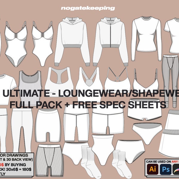 Fashion Clothing Streetwear XXL Yogawear Shapewear Loungewear Full Pack Sketch Vector Drawing Mock Up Template Instant Download + Spec Sheet