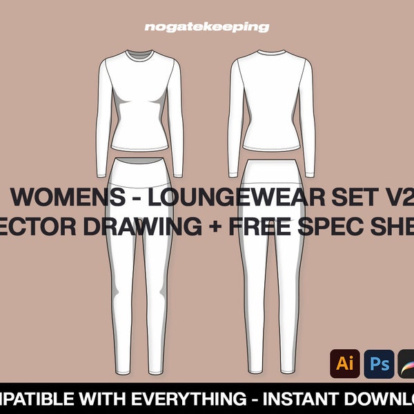 Fashion Clothing Streetwear Loungewear Set V2 Shapewear Loungewear Underwear Sketch Vector Drawing Mock Up Template Instant Download
