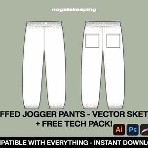 May include: A white cuffed jogger pant vector sketch with two back pockets. The text "CUFFED JOGGER PANTS - VECTOR SKETCH + FREE TECH PACK!" is at the bottom of the image. The text "COMPATIBLE WITH EVERYTHING - INSTANT DOWNLOAD!" is at the bottom of the image. The logos for Adobe Illustrator, Adobe Photoshop, Procreate, and PDF are displayed below the text.