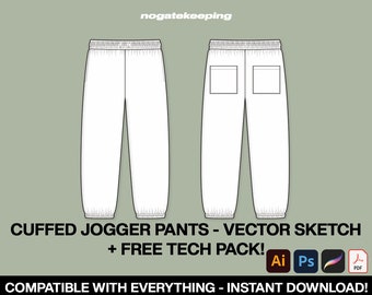 Streetwear Cuffed Jogger Pants Fashion Sketch Vector Mock Up Template + Free Vector Tech Pack Download Photoshop Illustrator ProCreate