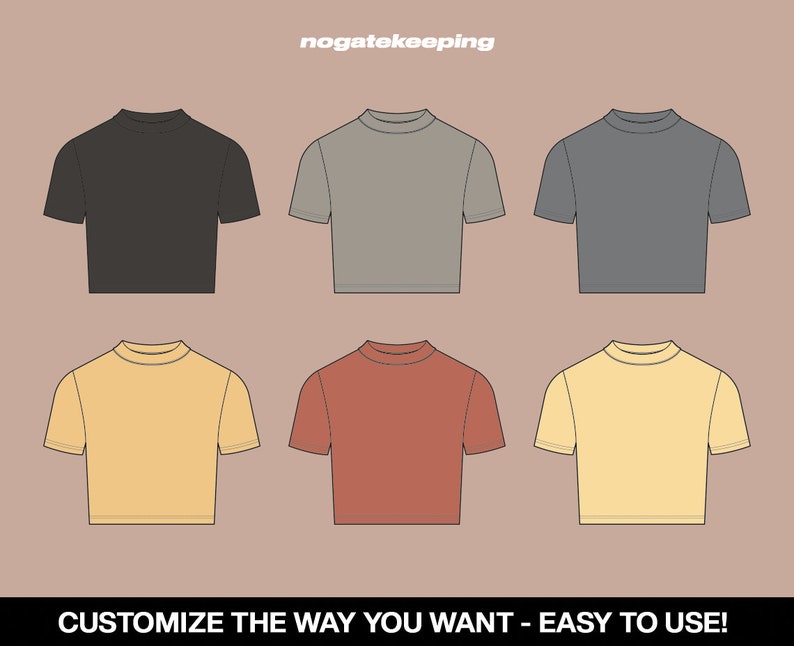 Puede incluir: Seis crop tops de cuello alto en diferentes colores: negro, gris, beige, amarillo, rojo y amarillo claro. Debajo de las im&aacute;genes se escribe "CUSTOMIZE THE WAY YOU WANT - EASY TO USE!"