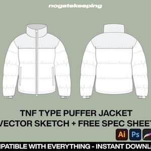 Streetwear Outerwear Baggy TNF Type Puffer Jacket Fashion Sketch Mockup Template Vector+ Free Spec Sheet Illustrator ProCreate Canva