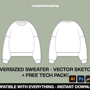 Streetwear Oversized Sweatshirt Fashion Sketch Vector Mock Up Template + Free Vector Tech Pack Download Photoshop Illustrator ProCreate