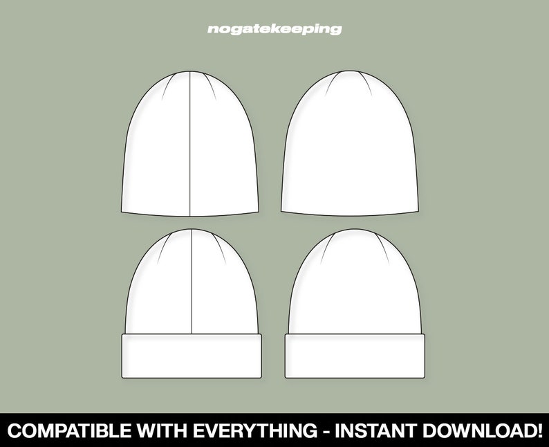 May include: Four white beanie hats, two with a fold-over brim and two without, shown against a light green background.  The text "nogatekeeping" is at the top of the image.  The text "COMPATIBLE WITH EVERYTHING - INSTANT DOWNLOAD!" is at the bottom of the image.