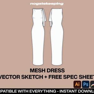 May include: A white mesh dress with a draped neckline and a fitted silhouette. The dress is shown in a front and back view. Vector sketch + free spec sheet. Compatible with everything - instant download!