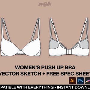 May include: A line drawing of a push-up bra, showing the front and back views. The bra is white and has adjustable straps.