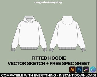 Fashion Streetwear OuterwearFitted Hoodie Fashion Sketch Mockup Template Vector + Free Spec Sheet Illustrator ProCreate Canva