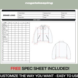 May include: A blank spec sheet for a jacket with measurements in centimetres. The sheet includes sections for brand logo, product name, season, sample size, main body fabric, fabric type, lining, style code, client, and date. The sheet also includes a front and back view of a jacket with measurements.