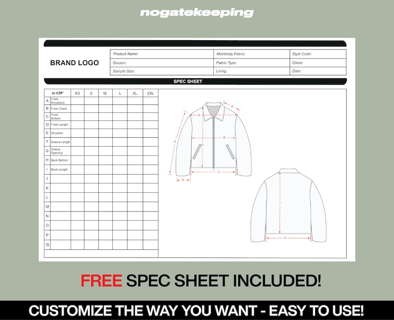 May include: A blank spec sheet for a jacket with measurements in centimetres. The sheet includes sections for brand logo, product name, season, sample size, main body fabric, fabric type, lining, style code, client, and date. The sheet also includes a front and back view of a jacket with measurements.