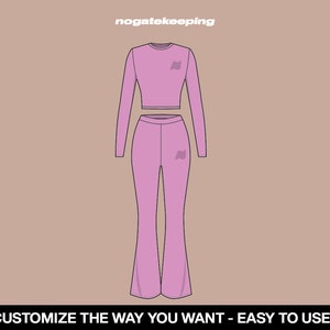 Puede incluir: Un conjunto rosa de dos piezas con mangas largas y un top corto. El top y los pantalones tienen un peque&ntilde;o logotipo en la parte delantera. El texto "nogatekeeping" aparece en la parte superior de la imagen. El texto "CUSTOMIZE THE WAY YOU WANT - EASY TO USE!" aparece en la parte inferior de la imagen.