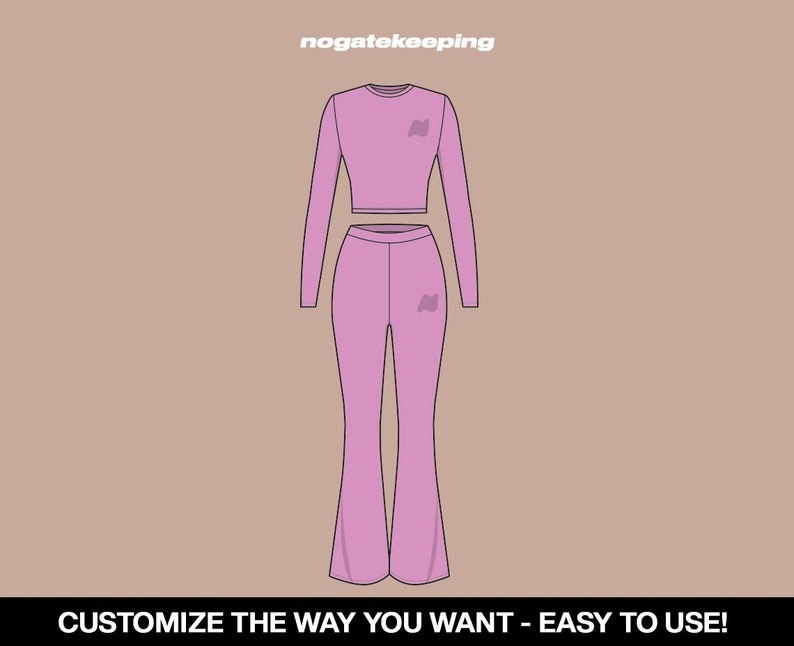 Puede incluir: Un conjunto rosa de dos piezas con mangas largas y un top corto. El top y los pantalones tienen un peque&ntilde;o logotipo en la parte delantera. El texto "nogatekeeping" aparece en la parte superior de la imagen. El texto "CUSTOMIZE THE WAY YOU WANT - EASY TO USE!" aparece en la parte inferior de la imagen.