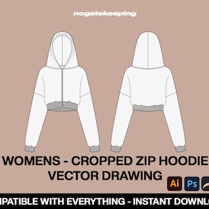 Fashion Clothing Streetwear Womens Cropped Zip Hoodie Sketch Vector Drawing Mock Up Template Instant Download Illustrator ProCreate