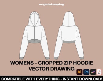 Fashion Clothing Streetwear Womens Cropped Zip Hoodie Sketch Vector Drawing Mock Up Template Instant Download Illustrator ProCreate