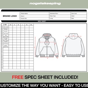 May include: A spec sheet with a hoodie diagram, measurement chart, and fields for product details. The sheet includes the text "FREE SPEC SHEET INCLUDED!" and "CUSTOMIZE THE WAY YOU WANT - EASY TO USE!"