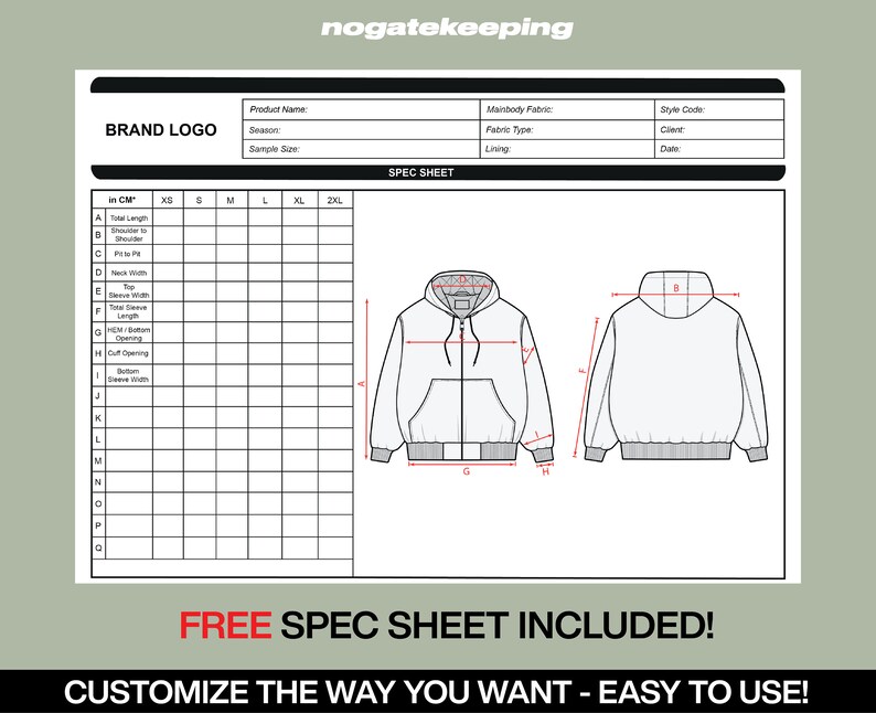 May include: A spec sheet with a hoodie diagram, measurement chart, and fields for product details. The sheet includes the text "FREE SPEC SHEET INCLUDED!" and "CUSTOMIZE THE WAY YOU WANT - EASY TO USE!"