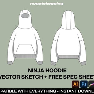 Streetwear Oversized Ninja Hoodie Fashion Sketch Vector Mock Up Template + Free Spec Sheet Mockup Template Illustrator ProCreate Canva