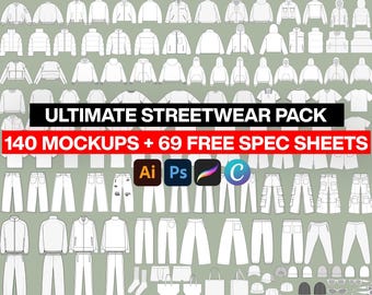 Ultimate Fashion Clothing Streetwear Vector Mockup Bundle Pack - 140 Editable Templates + 69 Free Spec Sheets ProCreate Canva Illustrator