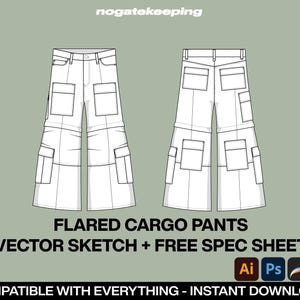 May include: Line drawing of a pair of flared cargo pants with multiple pockets. The pants are white and have a wide leg.