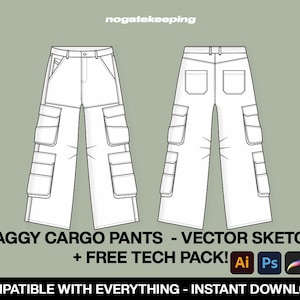 May include: Line drawing of a pair of baggy cargo pants with multiple pockets. The pants are shown from the front and back. The image includes the text "BAGGY CARGO PANTS - VECTOR SKETCH + FREE TECH PACK! Ai Ps PDF COMPATIBLE WITH EVERYTHING - INSTANT DOWNLOAD!"